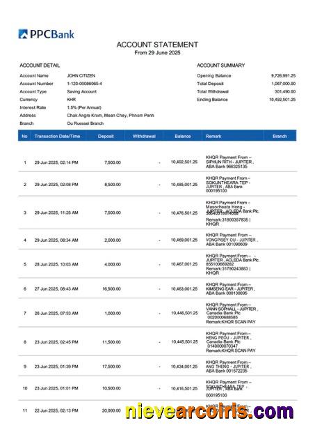 Cambodia PPCBank account statement Word and PDF